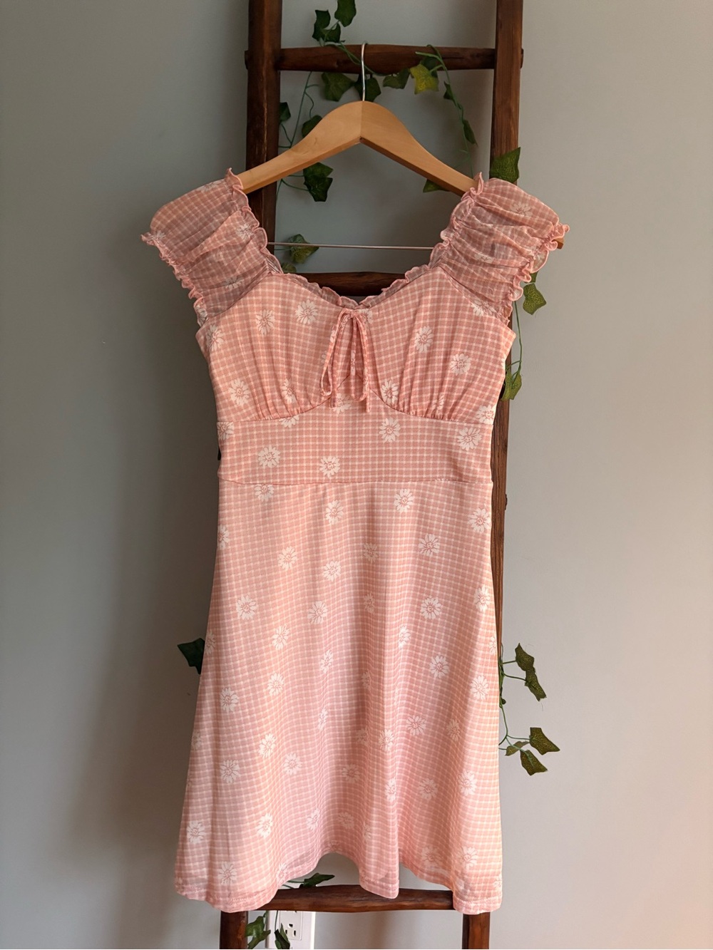 Peach Pink Gingham Tie-Front Sundress